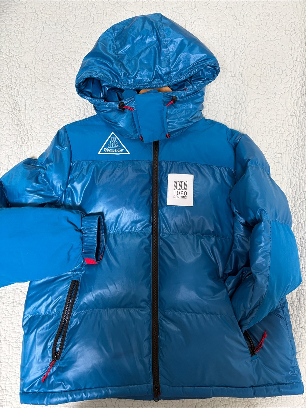 Topo Designs x Coors Light Blue Puffer Jacket Hooded Outdoor Coat